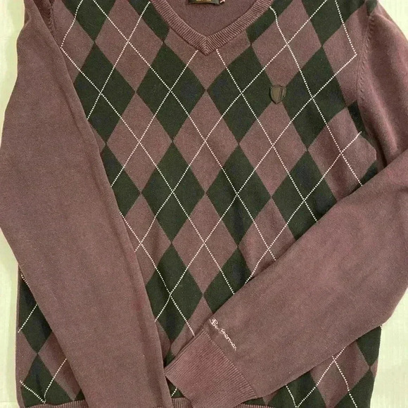 Men’s Argyle V-Neck Long Sleeve Cotton Black Purple Pullover medium - Picture 11 of 12